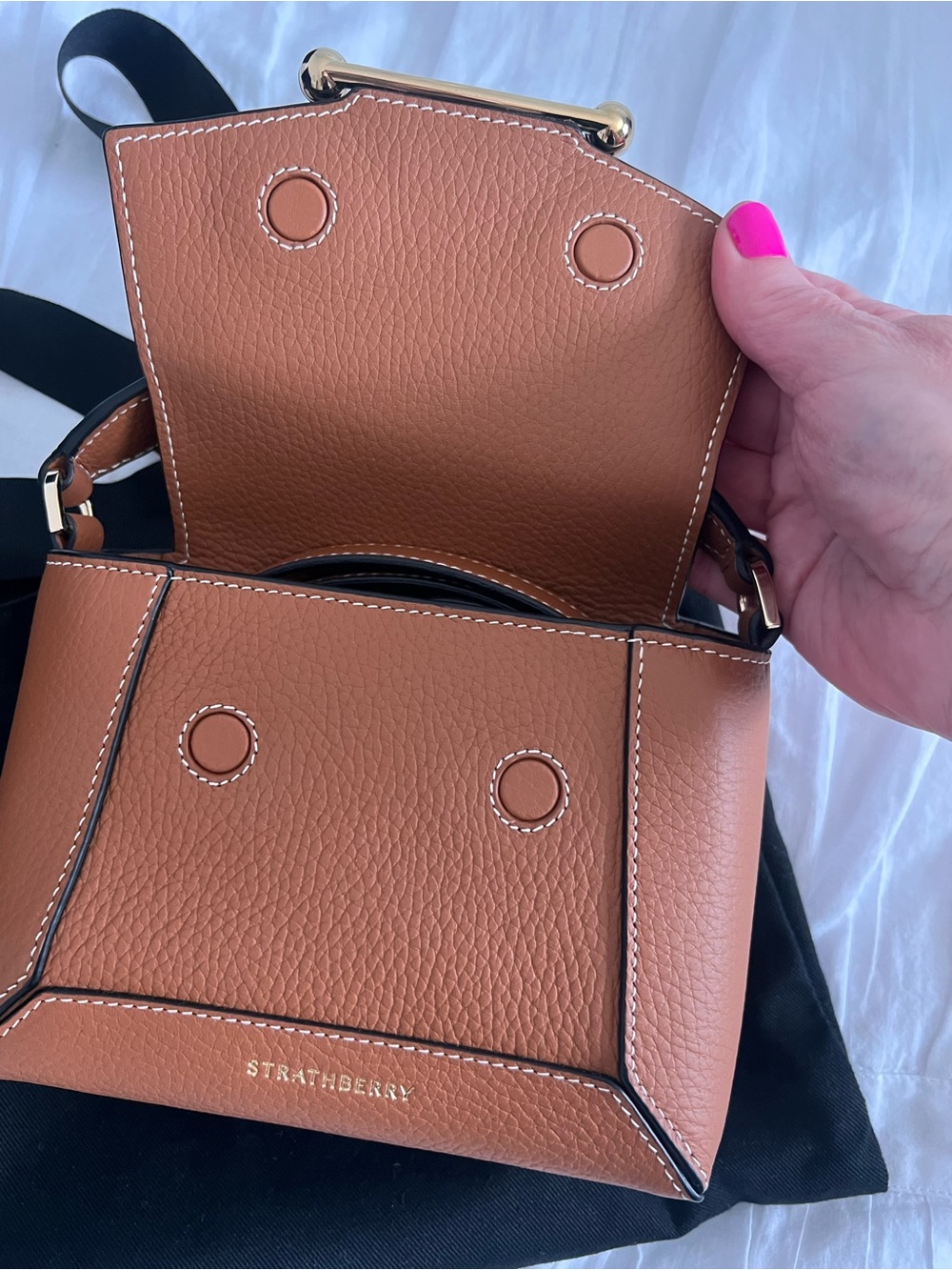 Strathberry Tan Leather Top-Handle Crossbody Bag Nano Mosaic like new - Picture 4 of 15